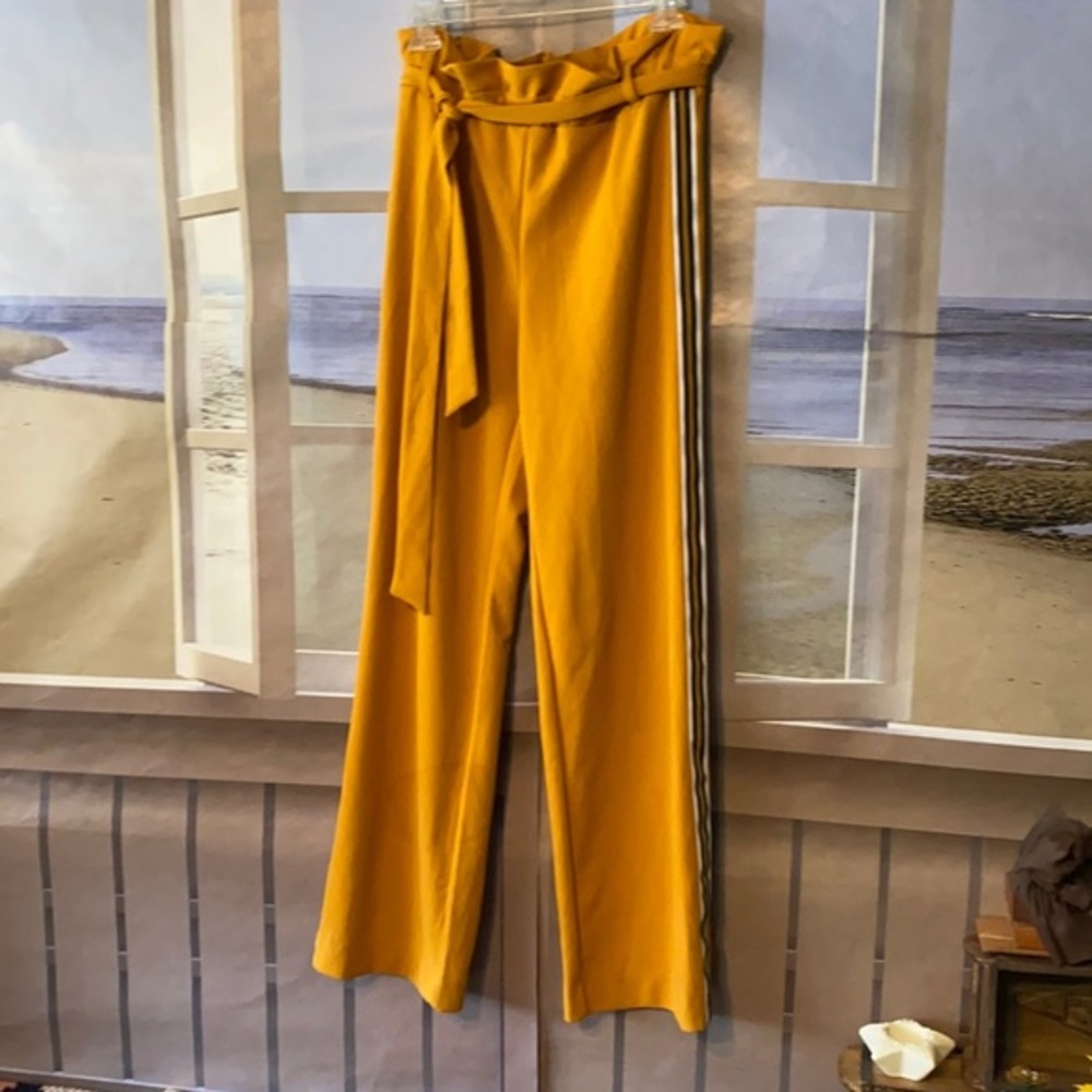 BBJ Los Angeles Mustard Paperbag Waist Wide Leg Side Stripe Pants M